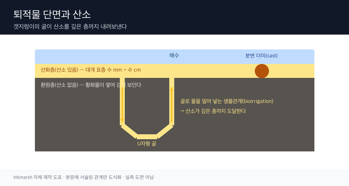 갯벌 퇴적물 단면에서 U자형 굴과 그 주위에 형성된 산소 침투 영역을 보여주는 모식도