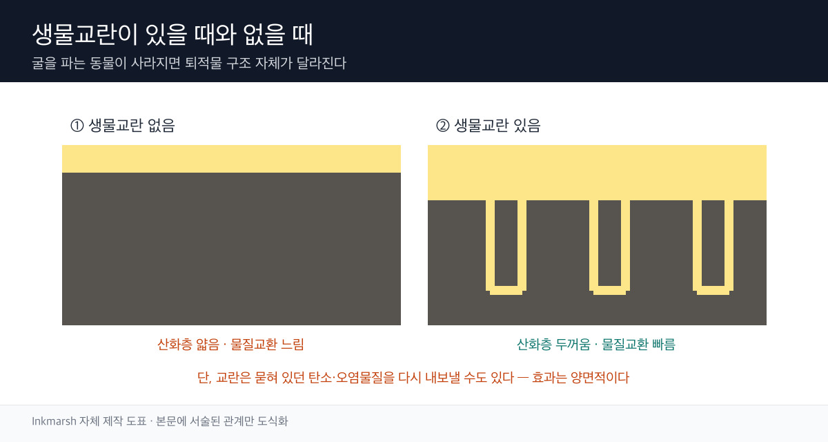 생물교란이 활발한 퇴적물과 그렇지 않은 퇴적물의 산화층·환원층 구조를 나란히 비교한 모식도