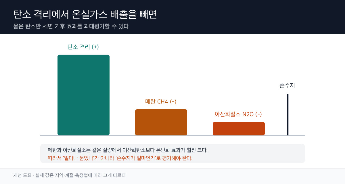 탄소 격리량에서 메탄과 아산화질소 배출을 빼 온실가스 순수지를 산출하는 과정을 나타낸 개념 도표