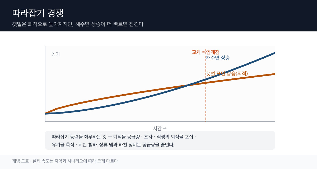 퇴적률 곡선과 해수면 상승 곡선이 교차하는 지점을 임계점으로 표시한 개념 도표