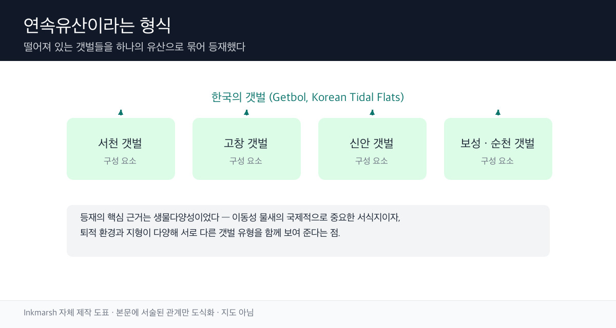 서천·고창·신안·보성순천 갯벌이 연속유산으로 묶인 배치를 나타낸 모식도