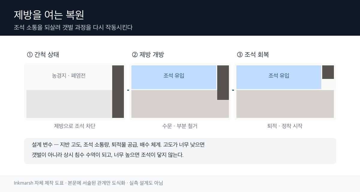 제방 개방으로 조석을 회복시키는 복원 과정을 단계별로 나타낸 모식도